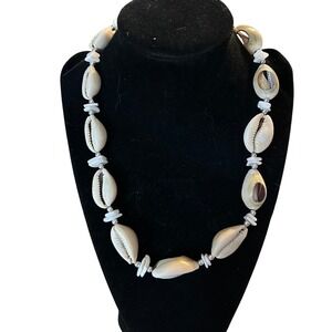 Vintage Natural Cowrie Shell Necklace Puka Shell Accents Silver Tone Beads 17in